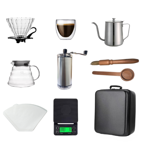 V60 Coffee Set, 10 Packs, Pour over Coffee, Coffee Grinder and Coffee Spoon, Cleaning Brush, Glass Coffee Cup, Coffee Kettle ,100 Filter, Coffee Scale and Glass drip funnel