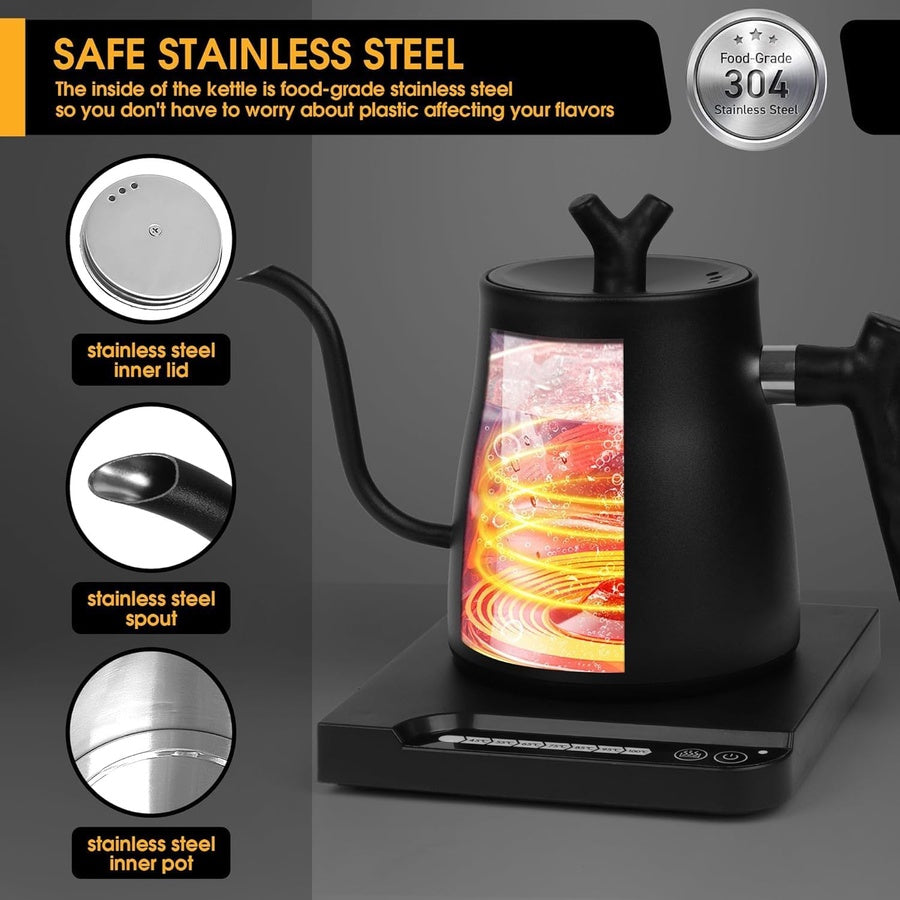 Stainless Steel Gooseneck Kettle, Auto Shut Off and Temperature Control (Black)