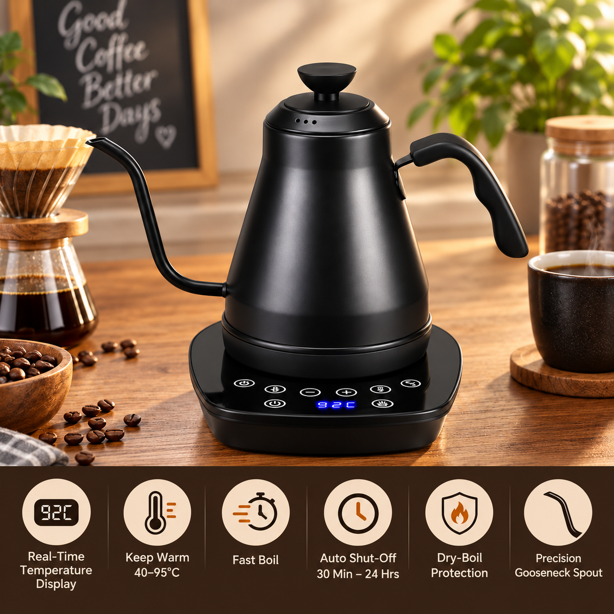 Matte Black Electric Gooseneck Kettle – Variable Temperature