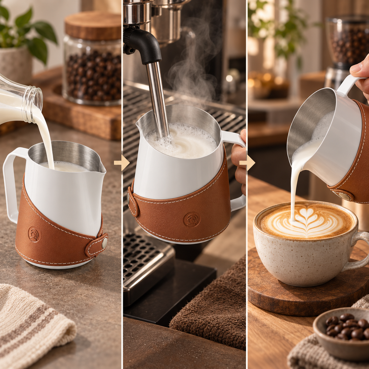 Milk Frothing Pitcher with Leather Sleeve – إبريق تبخير الحليب بجراب جلد