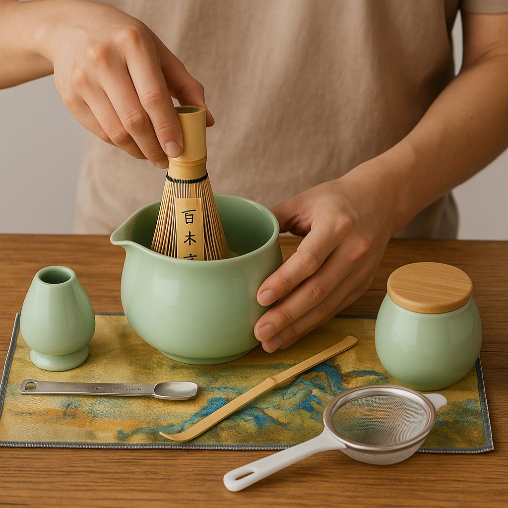 Matcha Ceremony Set – Traditional Bamboo Whisk & Ceramic Bowl-طقم الماتشا الكامل – مضرب بامبو تقليدي ووعاء سيراميك