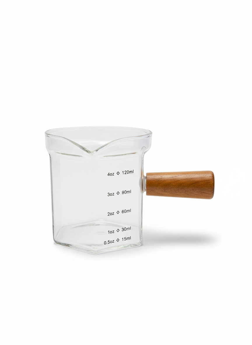 Premium Espresso Shot Glass with Wooden Handle - 120ml Graduated Measuring Cup