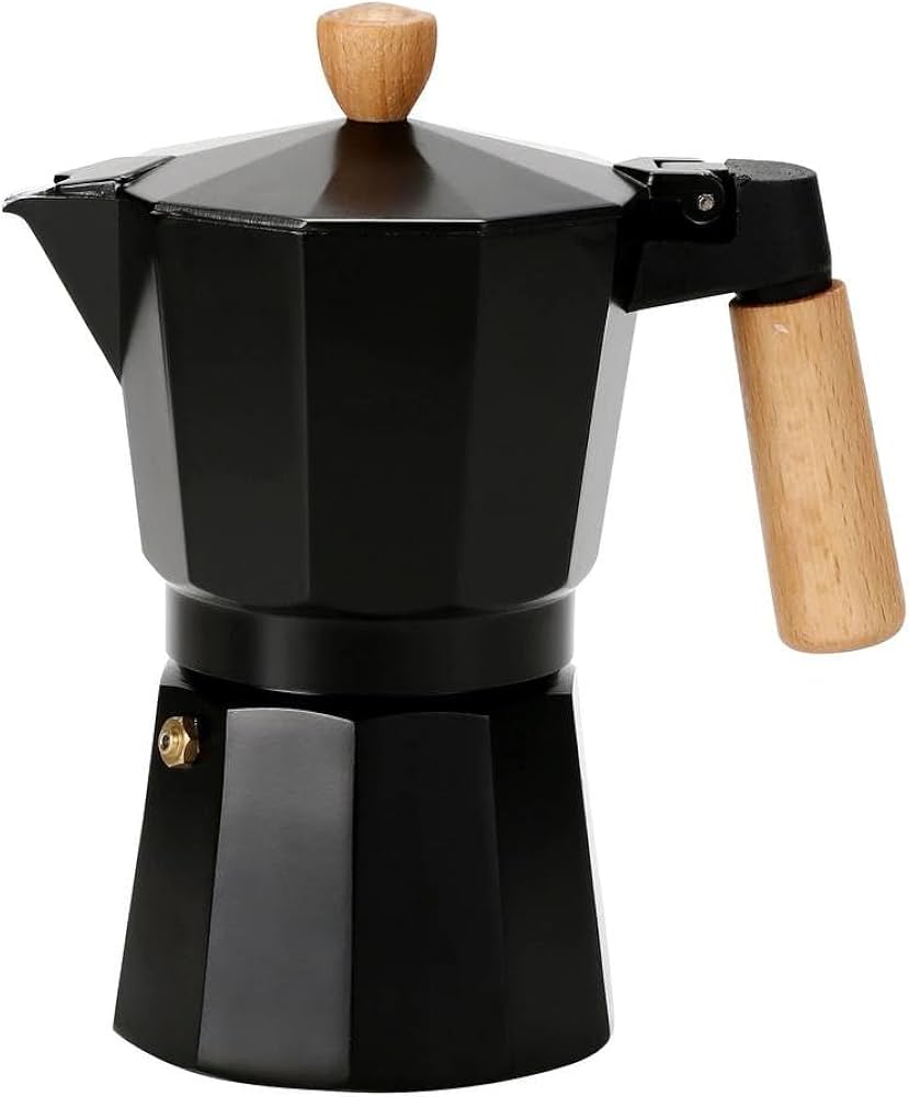 Elegant Black & Beige Moka Pot | Wooden Handle