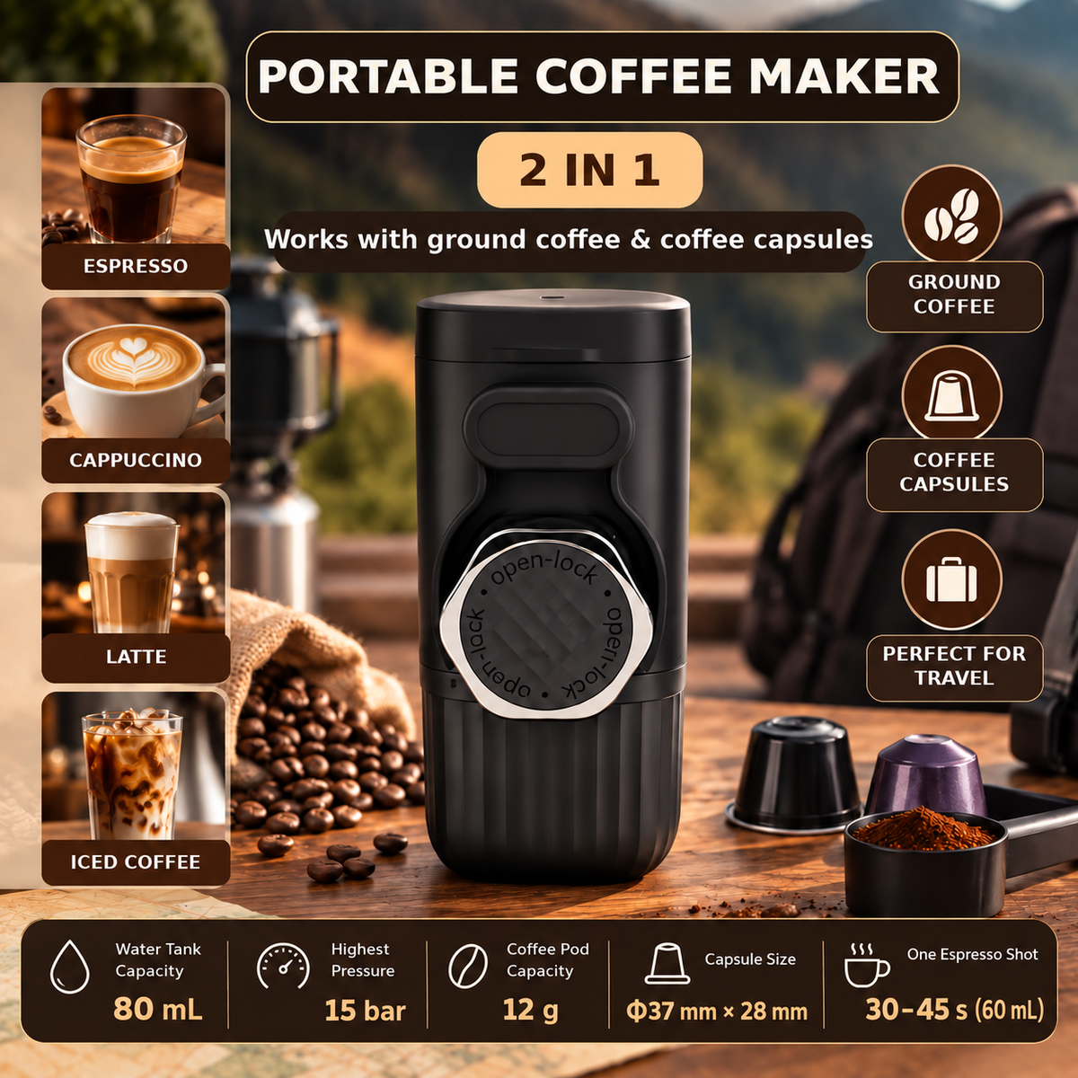 Portable Coffee Maker 2-in-1 – Ground Coffee & Capsules
