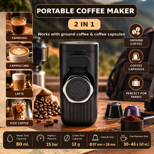 Portable Coffee Maker 2-in-1 – Ground Coffee & Capsules